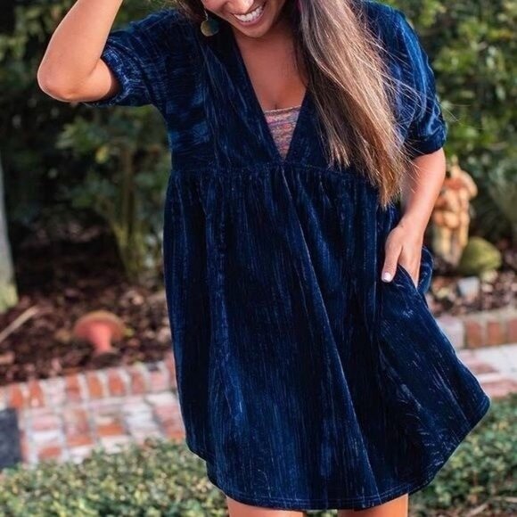 Natural Life Blue Velvet Mini Dress Tunic Oversized Women's XS/S NEW Boho Hippie - Picture 1 of 9